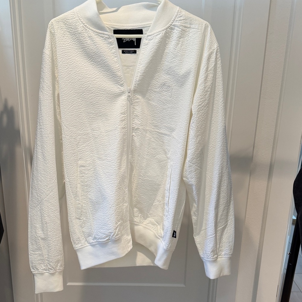 Stussy White Seer Sucker Zip-Up Bomber Jacket 100% Cotton